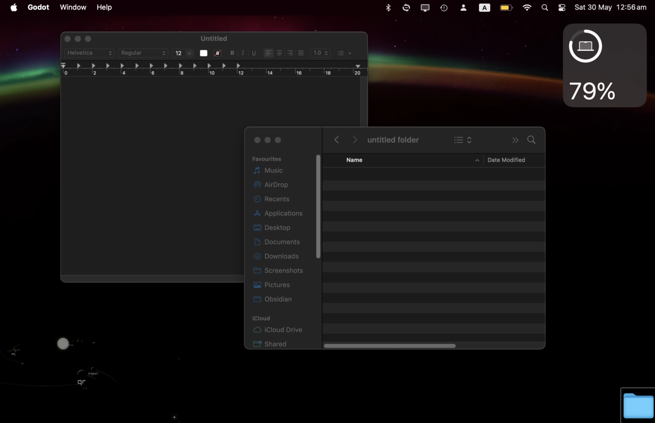 Orrery corner overlay — projects orbiting a bright sun in the bottom-right of the desktop
