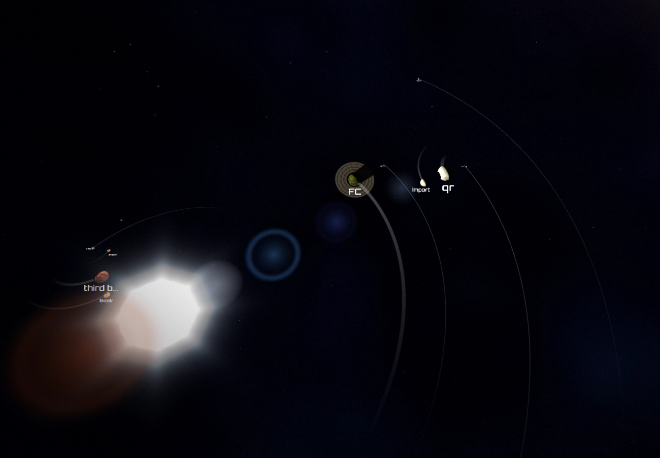 Orrery fullscreen — the whole solar system of projects across the screen